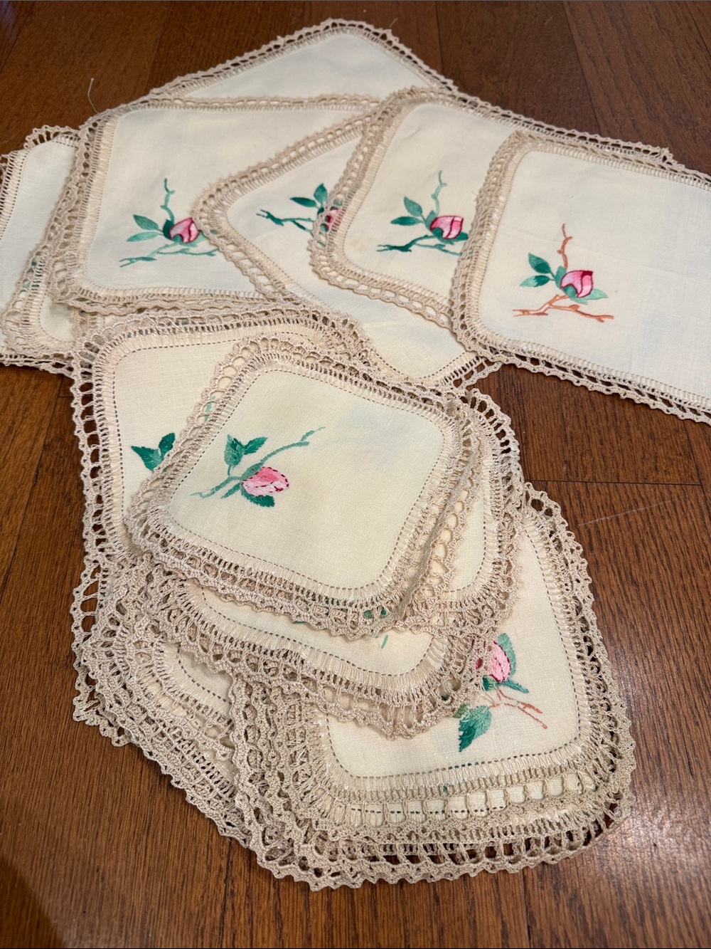 Vintage Embroidered Rose Crochet Edge Linen Coasters small & medium.